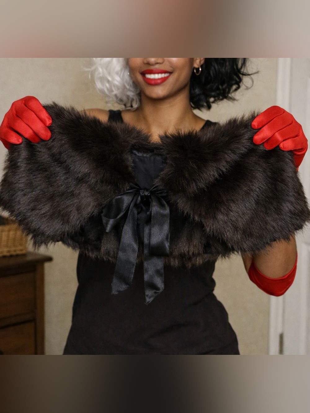 Halloween Faux Fur Stole Black with Satin Tie Closure
